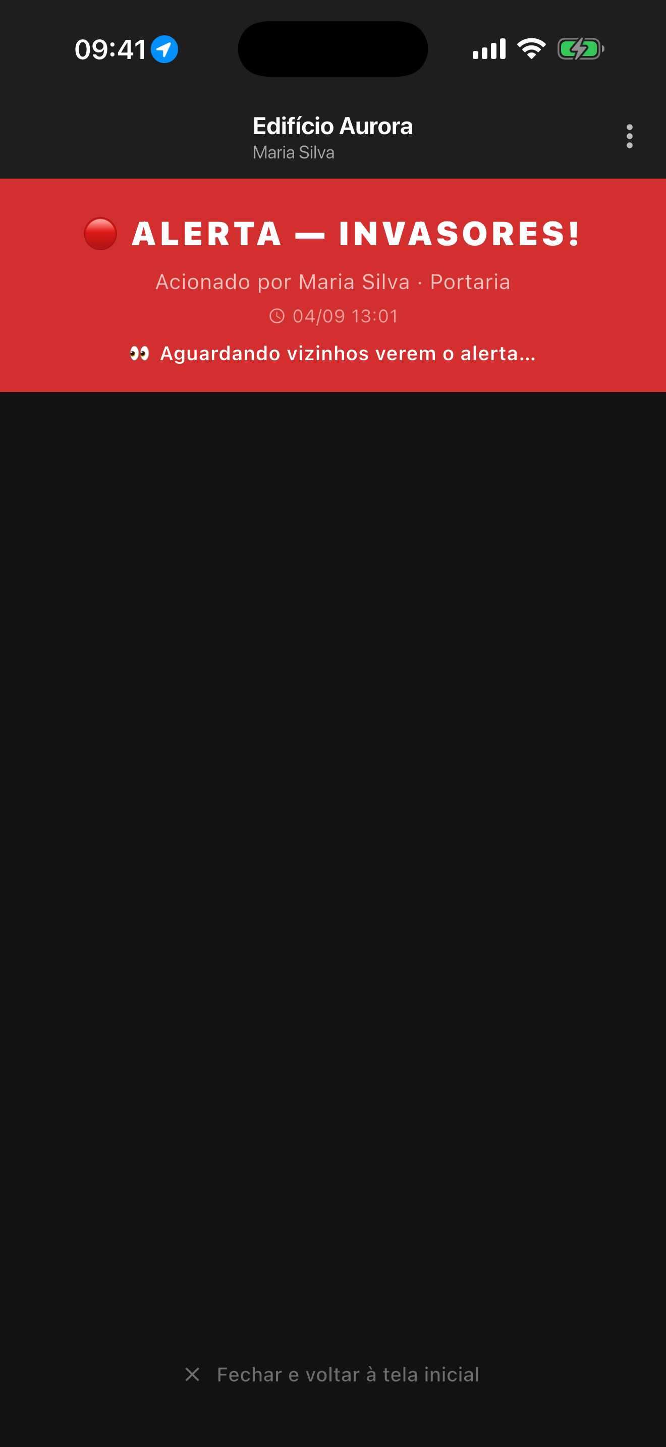 Tela do app mostrando um alerta recebido, com quem acionou e de qual unidade